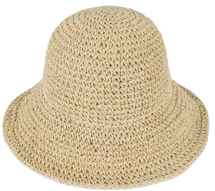 Straw Sun Hats for Women - Packable Foldable Straw Beach Hat Ladies Summer Crochet Bucket Hat UV Protection Beige