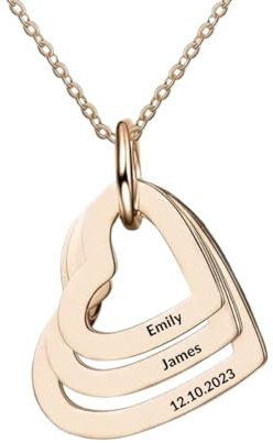 Personalized Heart Necklace with Custom Name and Birthstones, Silver Pendant Chain, Made in the UK (Rose gold 3 hearts)