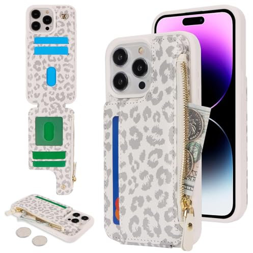 SailorTech for iPhone 14 Pro Max Phone Case with Credit Card Holder for Men, iPhone 14 Pro Max Case with Credit Card Slots Wallet Zipper Case for Women - White Leopard