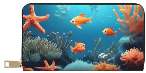 MOKESHN Coral Fish Unterwasser Leder Geldbörse Unisex Lange Geldbörse Business Reißverschluss Mehrere Kartenfächer Große Kapazität Mode Casual Wallet Weiß
