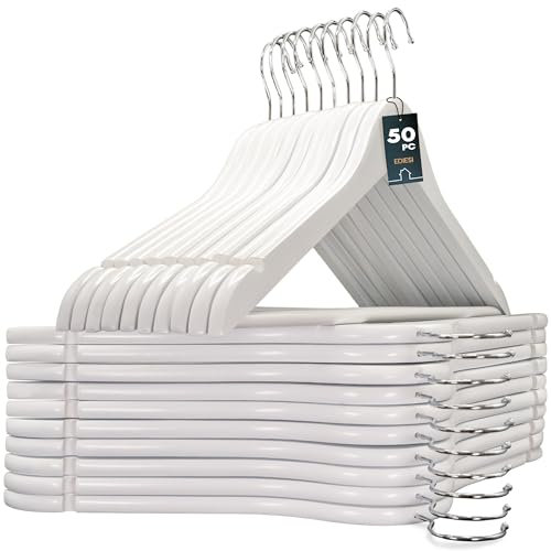 edihome, Perchas Madera, Pack de 20, Acabado Liso y Barnizado, para Organizar Ropa, Gancho Giratorio 360, Ranuras para Hombros, de Madera Maciza (Blanco, 50 Unidades)