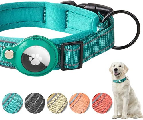 Boloshine AirTag Hundehalsband, Verstellbares Reflektierend Halsband Hund, Integriertes Apple Air Tag Hundehalsband Weich Gepolstertes für Große Mittelgroße Kleine Hunde (Cyan, S)