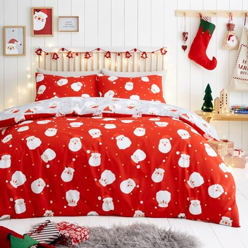 Fusion Happy Santa Claus Duvet Cover Set – Double Size (200 x 200cm) – Reversible Red Christmas Bedding – Father Christmas Quilt Cover with 2 Pillowcases – Easy Care Festive Bedroom Decor