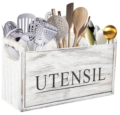 Gzsekken Kitchen Utensil Holder Rustic Utensils Holder Large 3 Compartments with Drainage Bottom Wooden Utensil Holder Cutlery Caddy Farmhouse Wooden Cooking Tools Storage for Countertop, White