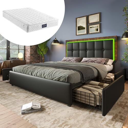 MYBOO Polsterbett Doppelbett 160x200, Bett mit 4 Schubladen&LED-Beleuchtungsleiste&Höhenverstellbarem Kopfteil&Lattenrost, Stauraumbett Funktionsbett Bettgestell Jugendbett, PU, Mit Matratze, Schwarz