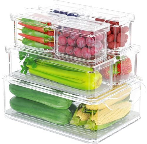 Hikrxya 7 Pack Clear Fridge Organisers Set with Lids, Stackable Refrigerator Organizer Bins Box, Plastic Food Fridge Storage Containers for Kitchen Cupboards Freezer Cabinets Pantry (3 Sizes)