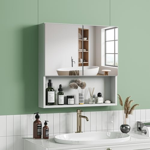 Dripex Bathroom Mirror Cabinet Double Door with Open Shelf, Wall Mounted Storage Cupboard, Wall Cabinet with Mirror for Bathroom with Adjustable Shelf, White, 60 x 60 x 12cm