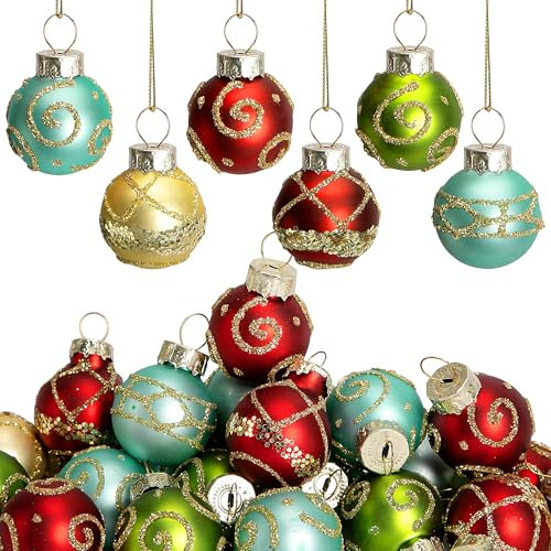 Watayo 24 Pcs Christmas Mini Multi Color Glass Ornaments - 1 Mini Vintage Glittering Ball Hanging Ornaments for Tree - Red, Green, Gold, Blue Glass Small Ball Tree Decoration for Xmas Home Decor