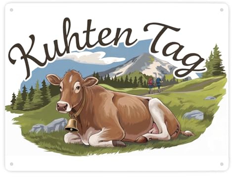 Braune Kuh auf Gras Metallschild XXL in 28x38 cm mit Spruch Kuhten Tag Perfekt für Wanderer Charmante Deko mit Kuh und Glocke auf grüner Berglandschaft Bauernhof