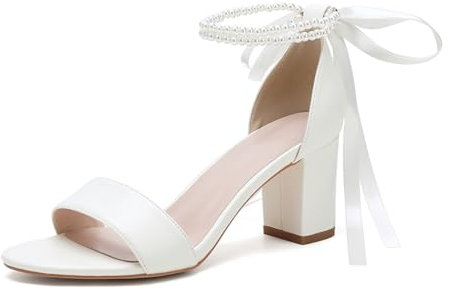 smlekwc Damen Offene Zehen Satin Hochzeit Sandalen Schnürung Weiß Brautschuhe Hoher Block Absatz Abend Partei Abschlussball Pumps Mit Perle,Elfenbein,39 EU