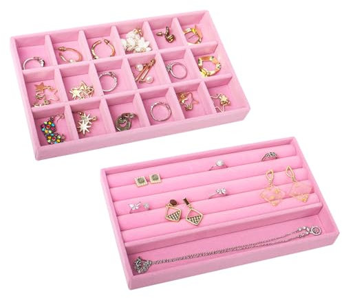 Nwvuop 2 Stück Schmucktablett Samt Schmuckaufbewahrung Schublade, Stapelbar Schmuck-Organizer für Ohrring Halskette Armband Ring 21× 12,3× 2,5 cm(Rosa)