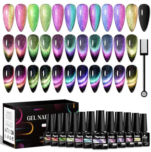 MTSSII Cat Eye Gel Nagellack Set 12 Farben Magnetic Nagellack Kit mit 1 Magnet, 9D Cat Magnetisch Eye Gel Nagellack Magnet UV Gellack Set Nail Art Salon Geschenk