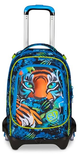 SJ GANG STYLE JAM GANG Trolley Scuola Jack 3 Ruote Air Tiger, Blu, 3 in 1, Zaino Triplo Uso con Carrello Sganciabile, 33 L, Zaino Scuola Elementare, Zaino Bambino