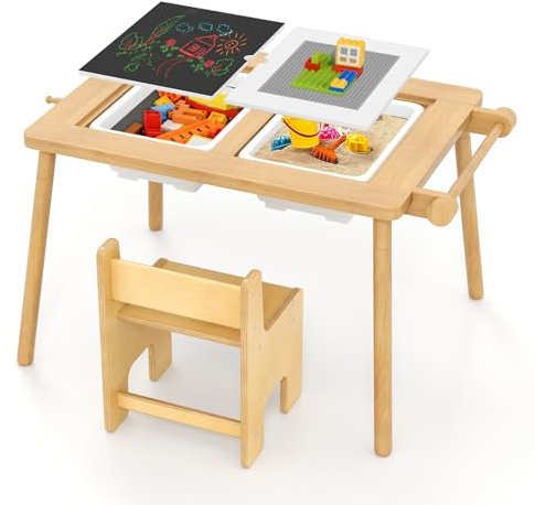 LIFEZEAL 6 in 1 Kindertisch mit Stuhl Set, Sensorischer Tisch, Kinder Aktivitätstisch Zeichentisch Sandspieltisch Schreibtisch mit Aufbewahrungskorb, Tafel, Papierrolle, Baublocktablett