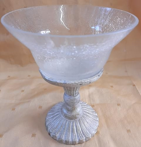 Coupe décorative en verre tacheté avec base en fer, bougeoir et pot-pourri, finition blanche glacée