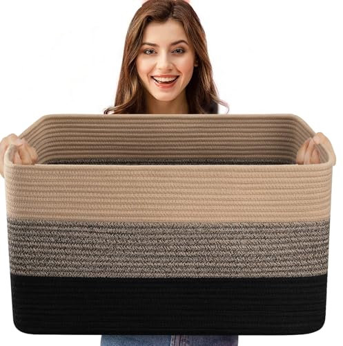 Extra Large 65L Foldable Storage Baskets with Handles - Heavy Duty Cloth Organizer Box for Toys, Blankets, Seasonal Clothes - Collapsible Space Saving Design (55x38x30cm) (Black & JuteZ& Yellow)