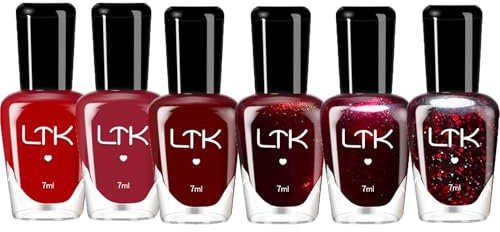 Nail Polish Set - 6Pcs Red Nail Varnish Set, Burgundy Dark Wine Glitter Red Polishes, Quick Dry Long Lasting Nail Paint Manicure DIY Home For Women Girls