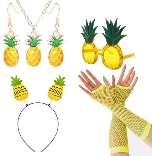CLDURHGE 6-teilig Kostümset Ananas Damen Zubehör, Haarreif Brille Handschuhe Kette Ohrringe, Gelb tropisch für Hawaii Party Sommer Karneval Verkleidung Festival