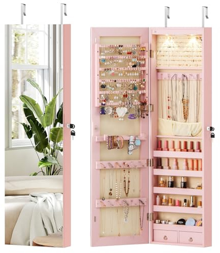 COSTWAY Armadietto Portagioie con Luci LED da Muro (Rosa) | Specchio Portagioie, Organizator per Gioie da Parete, con Chiave, 35,5 x 10 x 120 cm