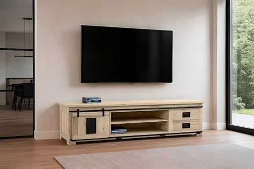 SAM Lowboard Libro III 200x55x50 cm, Akazie Eiche, TV-Board/Fernsehkommode | mit Holzschiebetür, 2 Schubladen & 4 offenen Fächern, Türelemente & Reling aus Eisen, Akazienholz eichefarben & massiv
