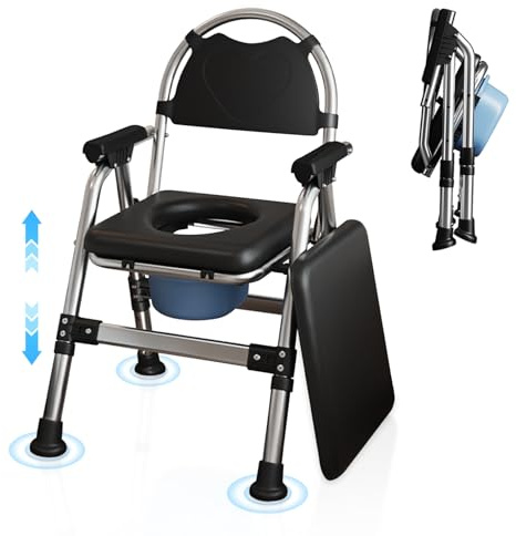 Chaise Percée Adulte, Chaise de Toilette Pliante avec Seau de Toilette et Double Coussin, Capacité 200 kg Réglable En Hauteur Chaise de Douche pour Personnes Âgées Handicapés Femmes Enceintes
