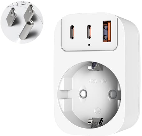 Reiseadapter USA, Typ B Adapter Amerika Deutschland Stecker mit 2USB C& USB C Tragbar Steckdosenadapter Reisestecker Stromadapter für USA Kanada Thailand Mexiko-Weiß