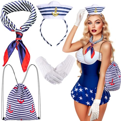 iZoeL Matrosen kostüm Damen Mädchen, Matrosen Haarreif mit mütze Matrosen Schal weiße Handschuhe Blaue Streifen Tasche Karneval kostüm Accessorie, Damen Faschingskostüme Mottoparty