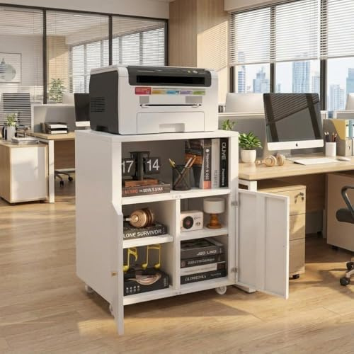 Heavy Duty Metal Printer Stand with Wheels | Printer Table with 4 Inside Storage Cabinets, 2 Doors & Open Shelf for Home Office | Mobile Steel Office Storage Unit for 3D Printers | 60 x 50 x 73 cm - W