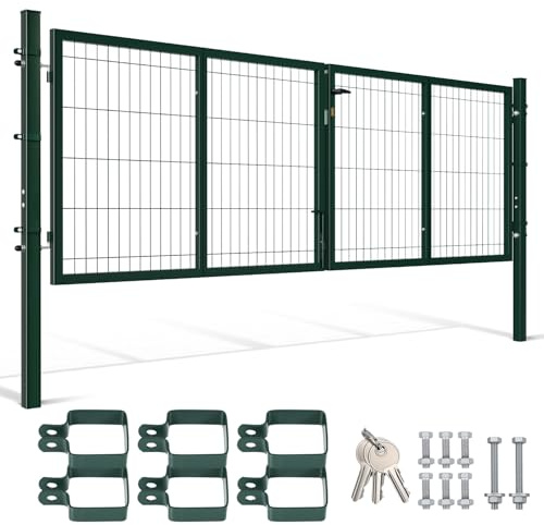Peviasot 300x100cm Gartentor Tor Gartenzaun Zaun, Doppelflügelig Gartentür aus Metall verzinktem Stahl, inkl. Griff, Schloss und 3 Schlüsseln, Robust Zauntor Hoftor, Grün