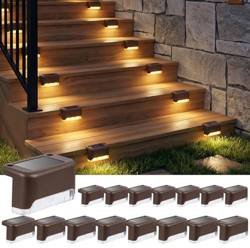 Ninonly Luces Solares Escaleras para Exterior, Pack de 16 Marrón Luz Solar Blanco Cálido, Impermeables LED Iluminación para Peldaños, Valla, Terraza, Patio, Camino Decoración
