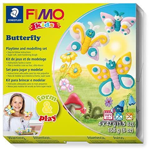 STAEDTLER 8034 10 LZ FIMO Kids Form&Play Playtime & Modelling Polymer Clay Set - Butterfly (Pack of 4 Blocks, Stickers, Modelling Tools & Background Scene)