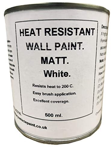 1 x 500ml Matt White Heat Resistant Wall Paint. Wood Burner Stove Alcove. Brick, Concrete, Plaster, Cement Board, Rendering, Metal, Timber etc.