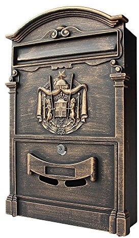 Melko Briefkasten Retro Vintage Gold mit A4 Einwurf-Format Wandbriefkasten Patina mit Namensschild und Sicherheitsschloss
