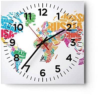Modern Wanduhr Karte Worte Welt Geographie 30x30cm Quadrat Klein Wand Uhr Glas Analog Zimmeruhren Küche Büro Wohnzimmer Glasuhr Wall Clock Dekoration Design Wanddekoration Küchenuhr C4AC30x30-2860
