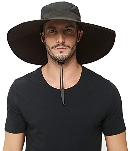 HLLMAN Sonnenhut mit super breiter Krempe, LSF 50+, wasserdichter Fischerhut zum Angeln, Wandern, Camping, atmungsaktives Nylon und Netzgewebe, Dark Grey, XL