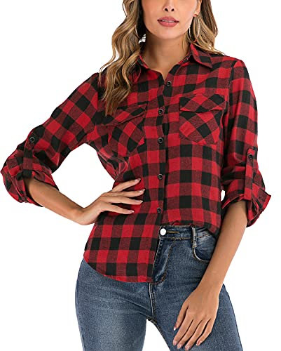 Enjoyoself Damen Karrierte Bluse Langarm Karo Flanell Hemden Baumwolle Button-down Hemdbluse für Alltag und Oktoberfest,Rot-Schwarz,L