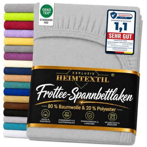 EXKLUSIV HEIMTEXTIL Frottee Spannbettlaken 120 x 200 cm 80% Baumwolle, 20% Polyester Öko - Tex Zertifiziert, Markenqualität, Matratzenhöhe bis 25 cm, Silber