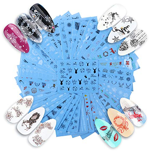 FLOFIA Nagelsticker Weihnachten Nail Art Sticker 48 Blätter Christmas Nagelaufkleber Schneeflocken Elch Schneemann Sticker Fingernägel Tattoos DIY 3D Abziehbilder Nageldesign