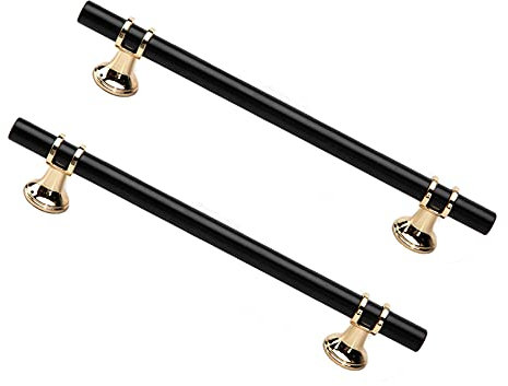 Dreneco 2 Pack Cupboard Handles Zinc Alloy Kitchen T Bar Handle Drawer Wardrobe Cabinet Furniture Door Pulls Knobs (160mm Hole centres, Black+Gold)