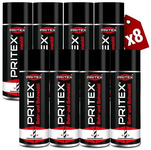 PRITEX – Bohr- und Schneidöl Spray 8 x 400 ml – Bohröl Kühlmittel mit guter Haftfähigkeit – Schmieröl mindert den Verschleiß & reduziert die Reibungskräfte beim Bohren, Drehen, Fräsen & Schneiden