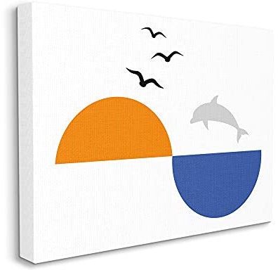 Stupell Industries Sunset Balance Asymmetrischer Ozean Horizont Delphin Jump, entworfen von Atelier Posters, Leinwandbild, 40,6 x 50,8 cm, Blau