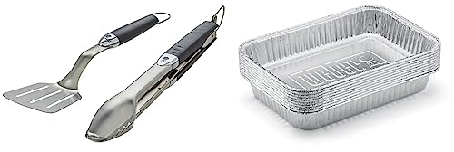 Weber Premium BBQ Tool Set - 2 Pc | Stainless Steel Tongs & Spatula for Barbeque Cooking | Compact Travel Size BBQ Metal Utensils & 6415 Drip Pans 10-Piece, Small, Silver
