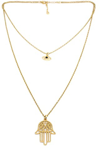 Collana Doppio Filo in Acciaio Dorato con Mano di Fatima e Occhio | Ciondolo Mano di Fatima in Acciaio Color Oro, Ciondolo Occhio con Zirconi