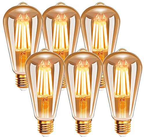 EXTRASTAR ST64 Vintage LED Light Bulbs 4W E27 Edison Screw, 32W Equivalent, 360LM, 2200K Warm White, Amber Retro Style Energy Saving Filament Decorative Bulbs, No Dimmable, Pack of 6