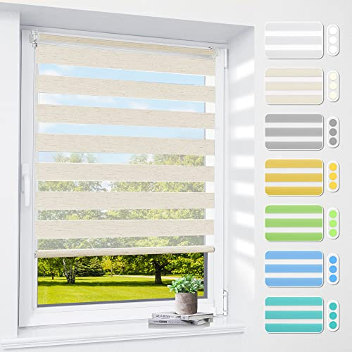 Doppelrollo klemmfix ohne Bohren & mit Bohren, 65x200cm (BxH) Stoffbreite 65 cm Natur, 3-in-1 Duo Rollo für Fenster & Tür, Fensterrollo innen lichtdurchlässig & verdunkelnd, Klemmrollo Rollos
