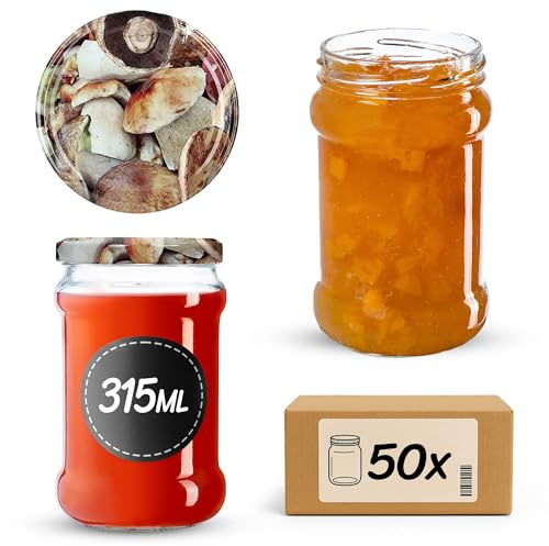KADAX 50st Einmachgläser 315 ml mit fi66 mm Schraubdeckel für Honig, Dessert, Marmeladen | Luftdichte Gläschen, Einmachglas, Rundgläser, Konfitürengläser, Honiggläser (50 Stück, Pilze)
