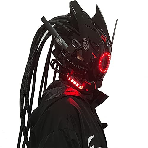 KYEDAY Punk Mask Cosplay for Men, Round Light with Braids Mask Cosplay Halloween Fit Party Music Festival Accessories, Red, Large