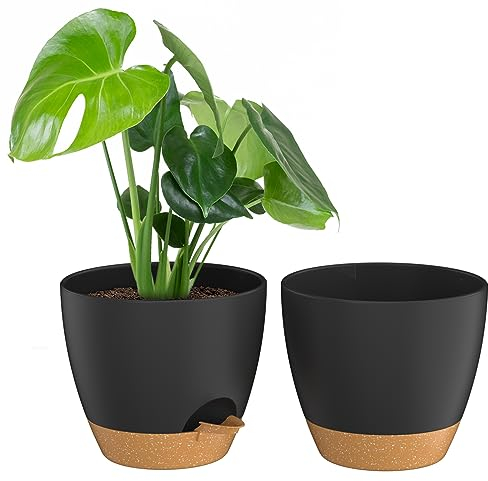 ZMTECH 25 cm Pflanztöpfe Mit Bewässerungslippe - Selbstbewässernd Mit Abflusslöchern und Herausnehmbarem Untersetzer - Kunststoff (Schwarz, 2er-Set)