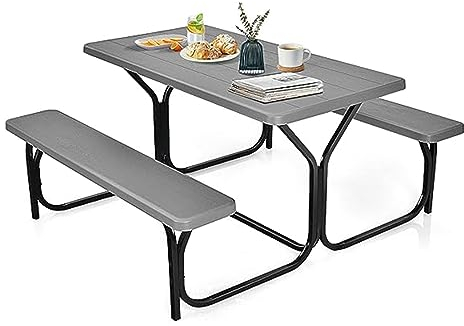 GOPLUS Bierzeltgarnitur Campingtisch mit 2 Bänken, Picknick Sitzgarnitur mit HDPE-Tischplatte & Stabilem Metallgestell, Gartensitzgruppe für 4 Personen, 137 x 150 x 72 cm (Grau)