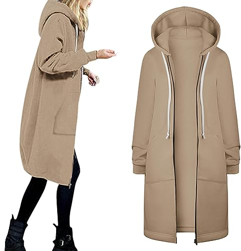 Windbreaker Damen Lange Ärmel Sweatjacke Wolle Kapuzenjack Mittellanger Übergangsjackee Reißverschluss Kapuzenpullover für den Alltagr Winterjacke mit Kapuze Outwear in der Tasche (L, Khaki)